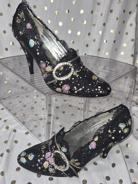 Ellie Shoes - Ellie Black Floral Rhinestone Buckle Pump